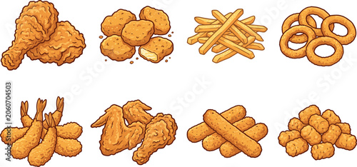 Colorful Flat Vector Illustration of Crispy Fried Snacks with Chicken Nuggets Fries Onion Rings Shrimp Wings and Potato Wedges