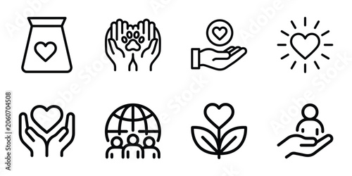 Charity and caring human values line icon set with community donation kindness volunteer nonprofit philanthropy