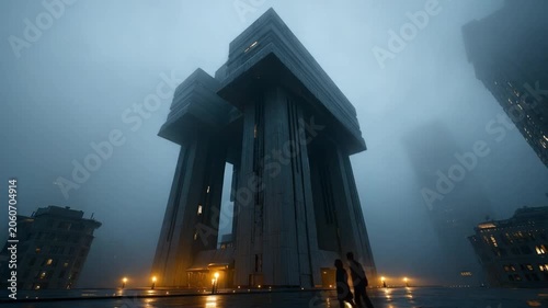 Monolithic Tower in a Foggy Metropolis: A imposing brutalist tower dominates the skyline, shrouded in an atmospheric fog, with other towering structures visible in the distance.