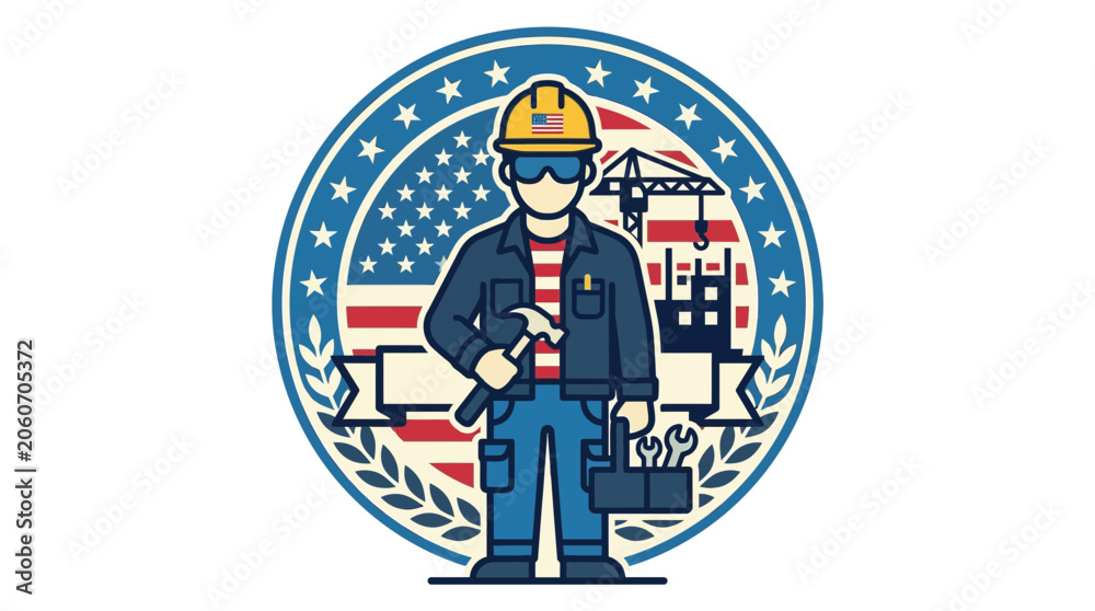 Fototapeta premium American Worker Construction Badge Illustration