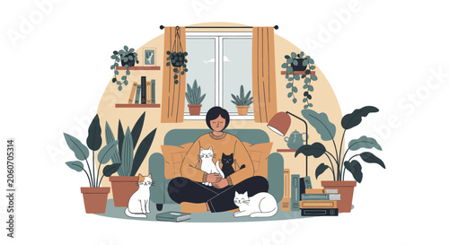 Quadro su tela Woman surrounded by cats and houseplants, enjoying a cozy indoor moment