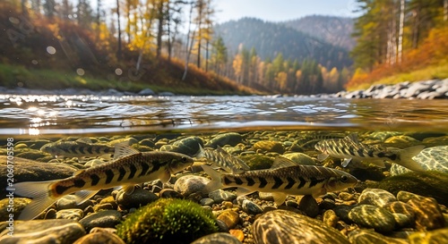 Wild fish swimming in a clear mountain river under the water surface