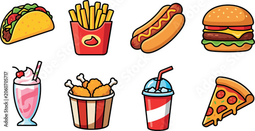 Colorful Flat Vector Illustration of Fast Food and Drinks Including Taco Fries Hot Dog Burger Milkshake Chicken Soda and Pizza for Marketing