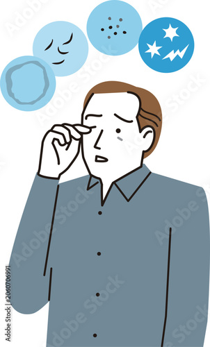 Foto 飛蚊症の症状。目をこする男性のイラスト。