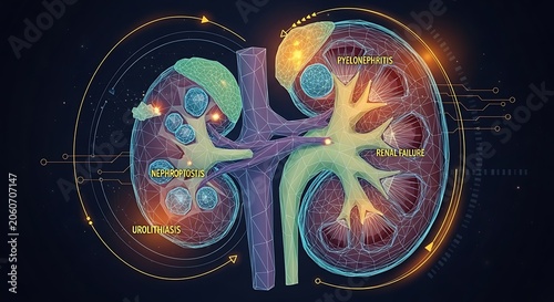 Human kidney anatomy and diseases in futuristic digital style