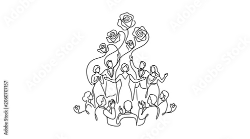 Φωτογραφία People celebrate, drawing with single line, roses bloom, abstract art, minimalis