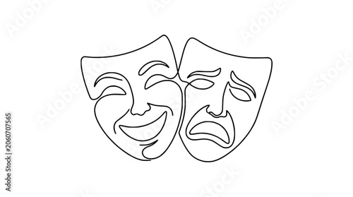 Tableau sur toile Abstract Theater Masks - Comedy and Tragedy, Single Line Art, Emotion Contrast
