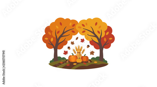 Canvastavla Autumn Harvest Landscape Illustration with Pumpkins and Trees