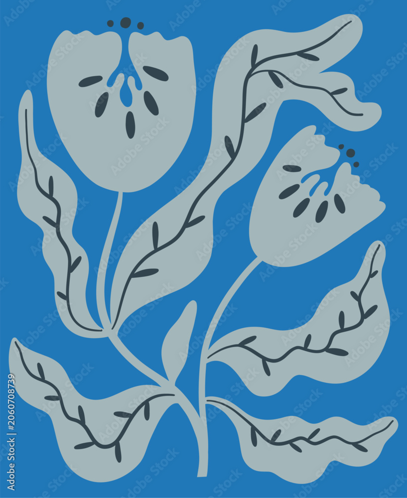 Fototapeta premium Stylized blue floral illustration with two bell-shaped flowers isolated on transparent background