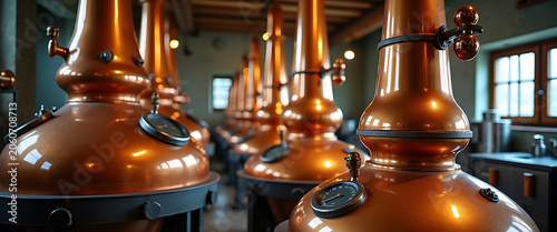 Copper alembic stills in distillery, shiny metal equipment for alcohol production.