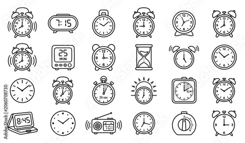 Quadro em tela Hand Drawn Alarm Clock Icon Collection in Linear Doodle Style Vector Illustratio