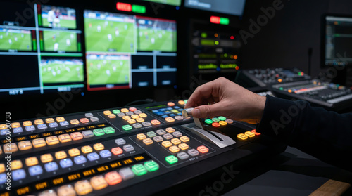 Close up shot of technician hand operating video switcher panel during live sports broadcast production in professional control room studio
