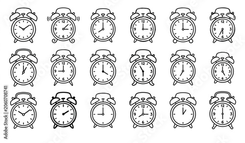 Photos Linear Alarm Clock Doodle Icon Vector Set with Classic Twin Bell Time Symbols