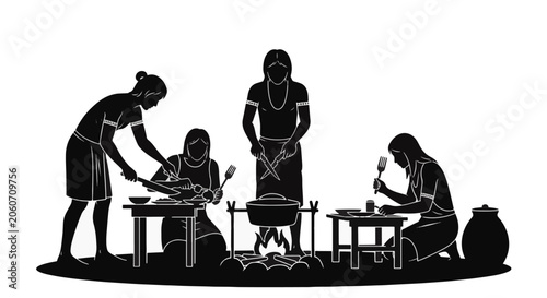 Black and white silhouette of an ancient tribal community preparing a communal meal, people cooking food over a campfire cauldron and eating at wooden tables, isolated on white background.