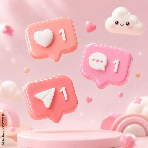3D Social Media Notification Icons on Pink Background