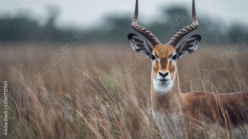 Male antelope with impressive horns in dry savanna grassland