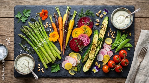 Premium Luxury Assortment of Fresh Vegetables Served on a Natural Slate Platter for Gourmet Healthy Dining Experience