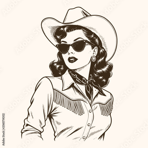 Vintage 50s cowgirl woman portrait with sunglasses and cowboy hat vector illustration