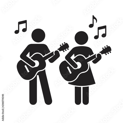man and woman playing guitars and singing together with musical notes