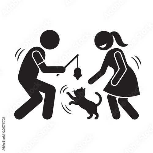 man and woman playing with cat and toy together indoors