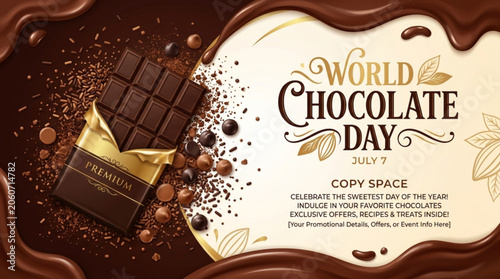 World Chocolate Day celebration banner with premium chocolate bar and copy space sweet indulgence concept for promotions and events