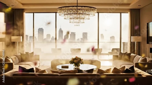 A blurred interior scene with confetti and a city view through large windows