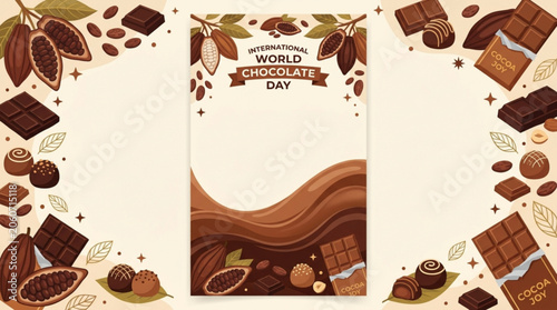 World Chocolate Day celebration frame with cocoa beans chocolate bars and truffles festive background for sweet treats and confectionery promotion