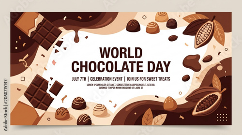 World Chocolate Day celebration banner with assorted chocolates cocoa beans and chocolate bars perfect for festive marketing and sweet treat promotions