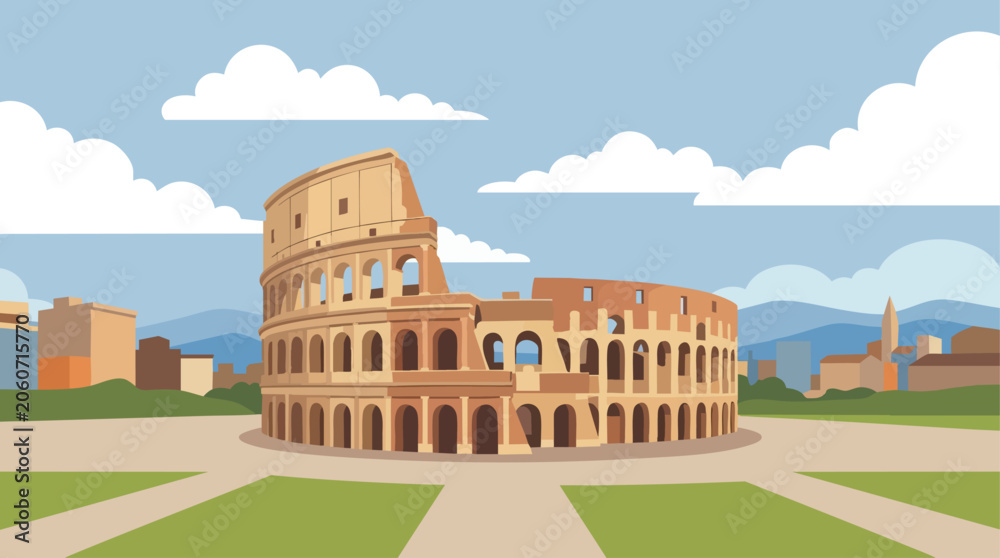 Fototapeta premium Colosseum Illustration With Scenic Background And Simplified Architectural Details