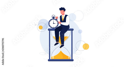 Businessman sitting on hourglass with stopwatch, concept of time management, deadline, business efficiency, and punctuality
