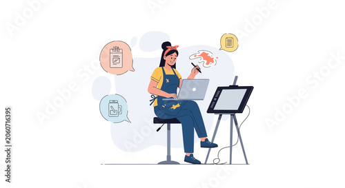Creative Artist Working on Digital Art Project with Tablet and Laptop