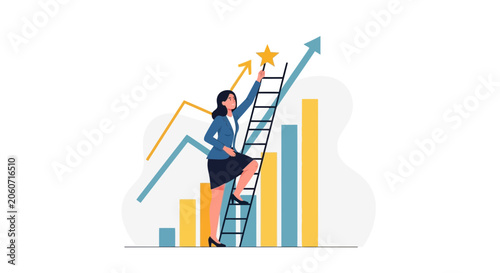 Businesswoman climbing ladder to reach star, symbolizing success and career growth against a backdrop of financial charts.