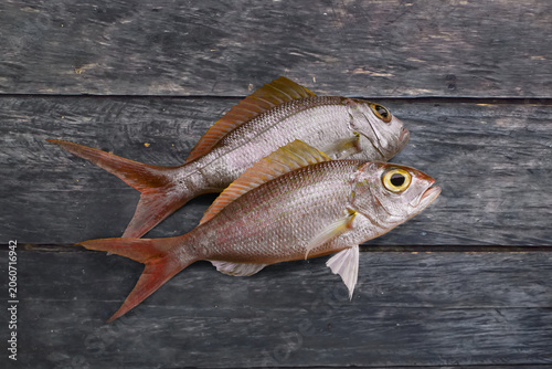 Top view of two fresh threadfin bream fish lying on wooden table