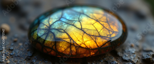 Oval polished amber with natural branch-like inclusions in close-up showing detailed texture.