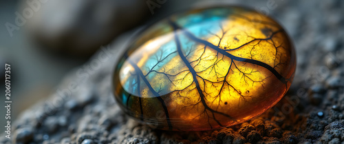Close-up amber stone with luminous internal structure resembling branching patterns.