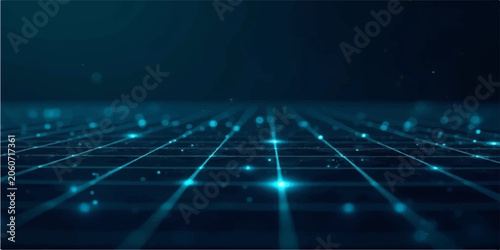 Canvastavla Abstract glowing cyan perspective grid floor with floating particles on a dark b