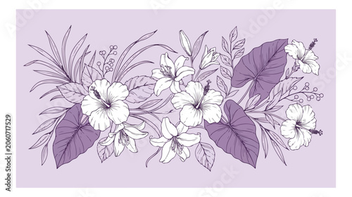 Tropical hibiscus and lily floral border vector, purple botanical illustration with exotic palm leaves, elegant summer garden flower arrangement