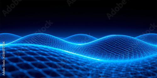 Abstract glowing neon blue digital grid wave on a dark background