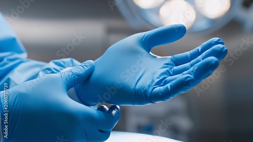 Close-up of a healthcare professional putting on sterile blue surgical gloves in a modern hospital operating room