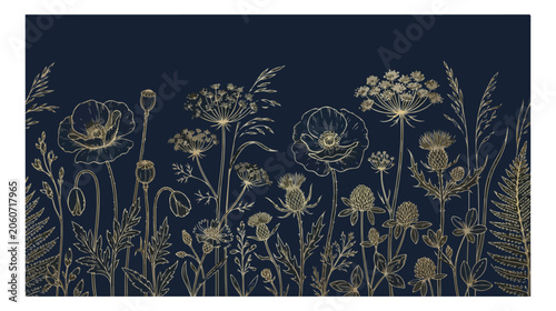 Φωτογραφία Elegant gold floral border on dark navy background, luxury botanical meadow vect