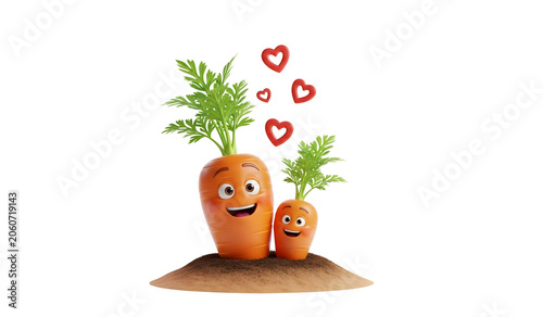 Cute 3D Rendered Carrot Characters with Floating Hearts