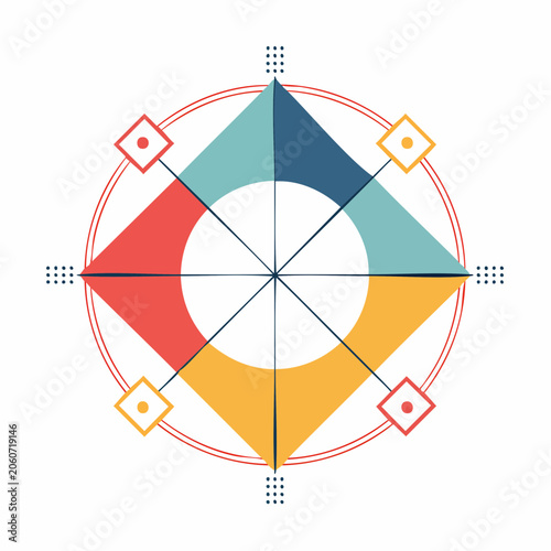 Geometric Compass Rose with Abstract Shapes and Colors