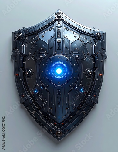 A futuristic metallic shield with a glowing blue center (3)