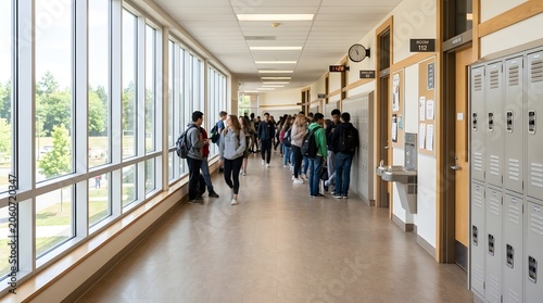 High School Students Walking Through Bright Modern Hallway