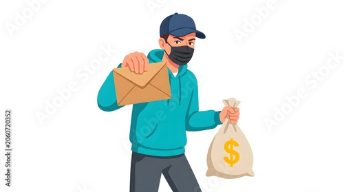 Criminal Carrying a Cash Envelope and a Sack of Money – Corruption and Illegal Wealth Illustration