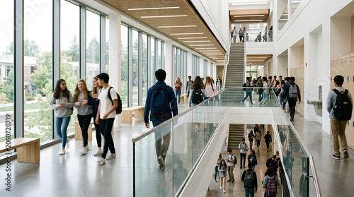 Students walking in a modern educational environment