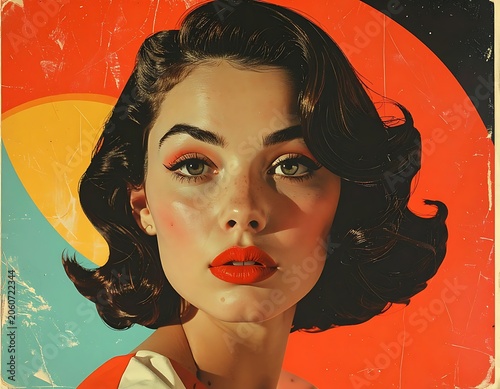 A woman with short brown hair and red lips against a colorful geometric background
