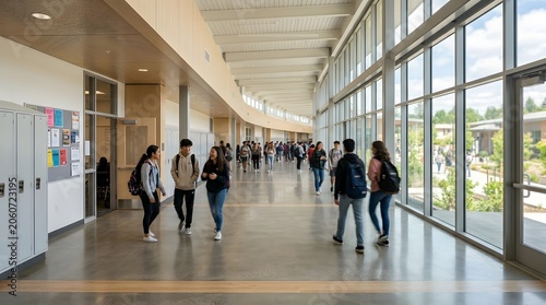 Students walking in a bright modern school hallway