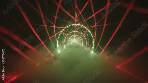 Mesmerizing digital portal with vibrant red and green laser beams cutting through a mysterious foggy tunnel, creating a futuristic light show