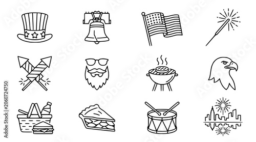 Photos USA Independence Day Icons: Uncle Sam Hat, Liberty Bell, Flag, Fireworks, Eagle,
